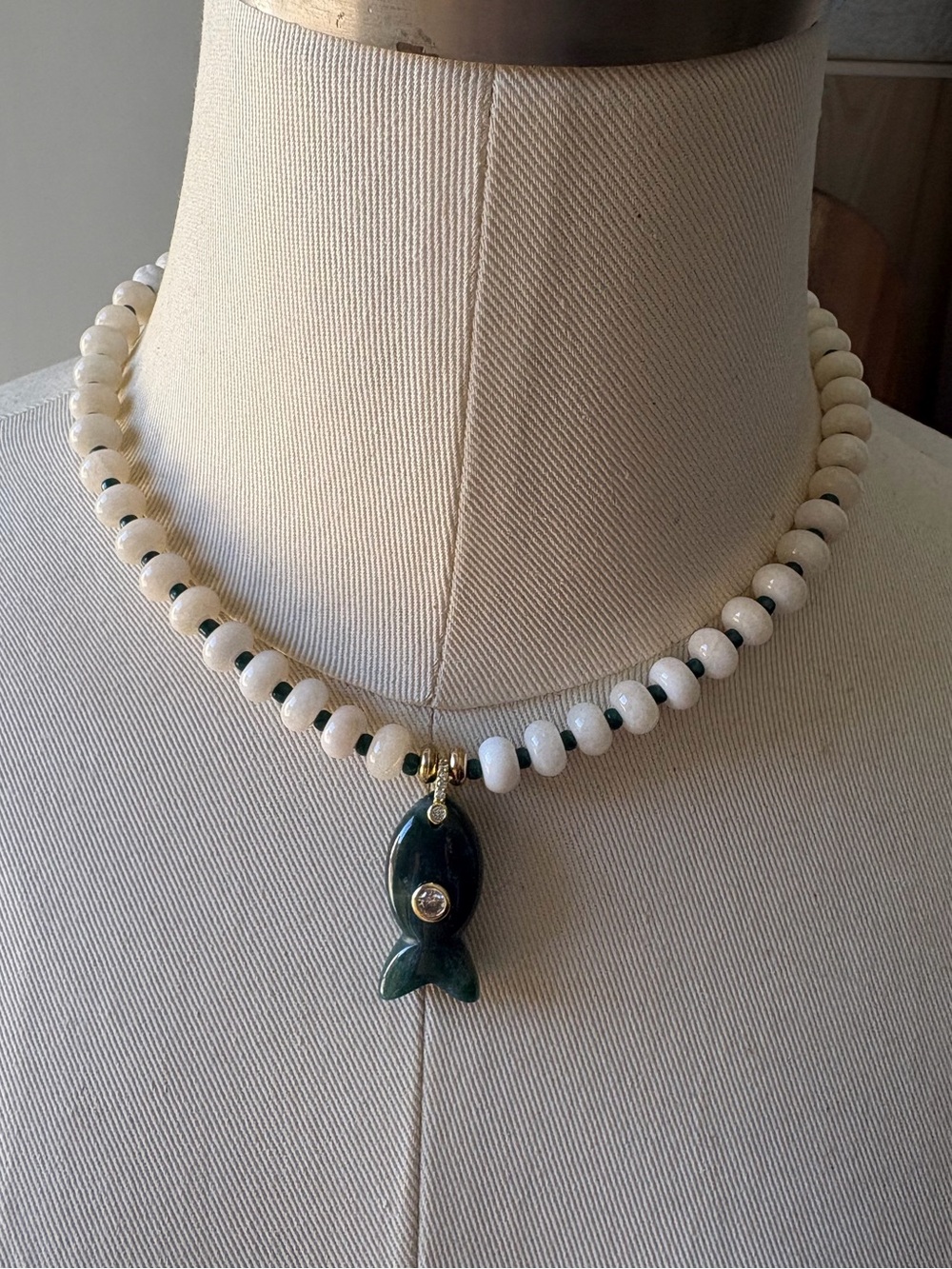 Anthropologie Milk Glass Bead Necklace w/ Forest Green Fish Pendant